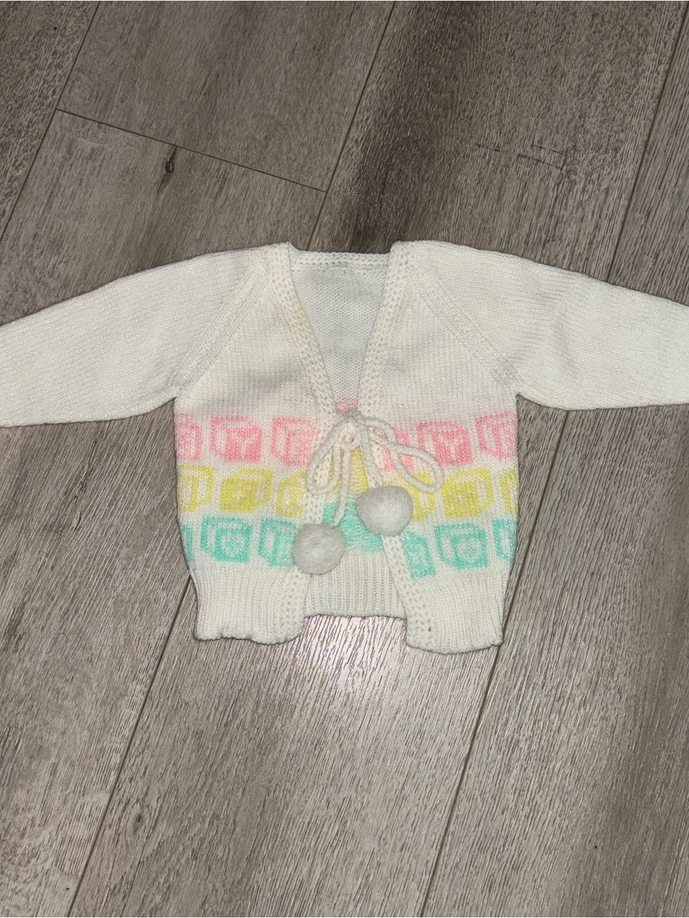 Vintage Knit Baby Sweater Tie Front Pom Poms Pastel Grandmacore Cottagecore
